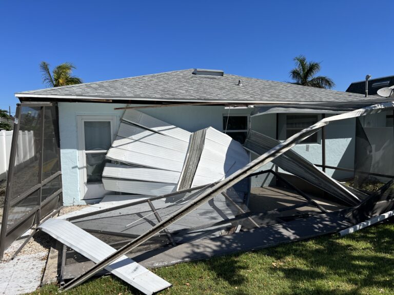 Roof damage photo documented for a homeowners insurance claim in Southwest Florida